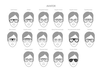 Set of Aviator frame glasses on women face character fashion accessory illustration. Sunglass front view unisex silhouette style, flat rim spectacles eyeglasses with lens sketch style outline isolated