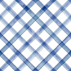 Watercolor stripe gingham seamless pattern. Color navy blue stripes background.