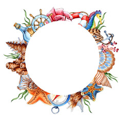 Watercolor illustration round frame with nautical elements. Composition for posters, postcards, banners, flyers, covers, posters and other printing products. isolated on white