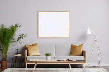 Empty poster frame mockup Working space, home office. living room poster display. Modern interior. Generative AI