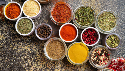 Fresh spices and herbs for food. Colorful condiments as background, top view. lot seasonings in cups, on table