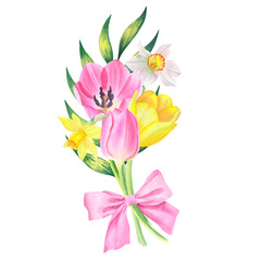 Flower bouquet of leaf, tulips and daffodils isolated on transparent background. Hand drawn watercolor. Design element. For cards, wedding invitations, mother's day, birthday, valentine's day, March 8