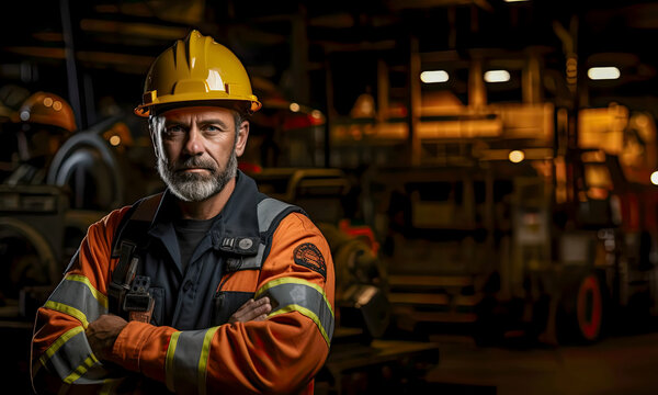 Portrait of a worker wearing a hard hat and with his arms crossed inside a factory. Labour Day.