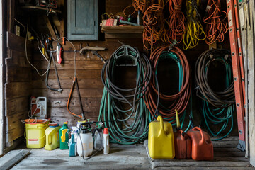 Residential Garage with insecticide  chemical spray poison bottles 