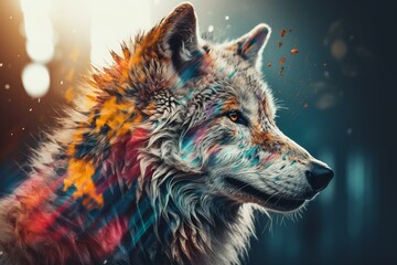 Colorful wolf design with watercolor double exposure. Generative AI