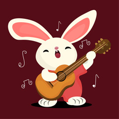 Cute Rabbit Playing Guitar Cartoon Vector Illustration. Animal Music  Concept, Flat Cartoon Style. 