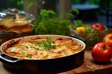 Gratin de Pommes de Terre placed on a wooden table with fresh herbs and a side salad