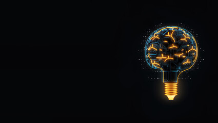 brain in Light bulb for inspiration, future, solutions, neon colors, dark background Generative AI