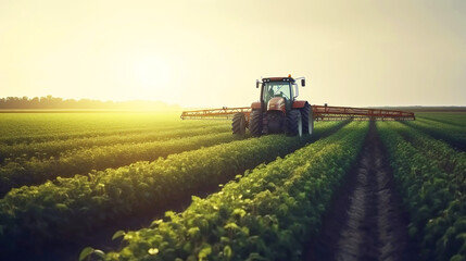 Farming agriculture tractor spraying plants in a field Generative AI - obrazy, fototapety, plakaty