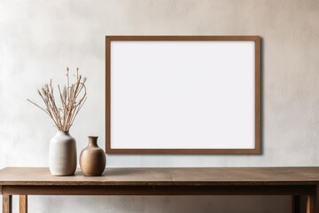 Empty wooden poster picture frame mockup vase flowers on table. Working space, home office. Art, poster display. Modern interior. Generative AI