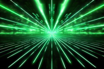 Abstract futuristic background high speed straight green lines to the center and bokeh glowing neon moving. High speed futuristic travel concept. Fantastic wallpaper.