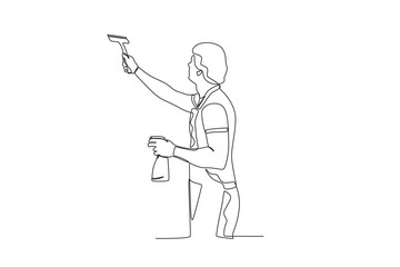 A man cleaning the window glass. Cleaning service one-line drawing