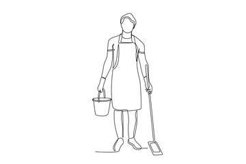 A man holding cleaning equipment. Cleaning service one-line drawing