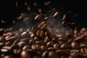 Obraz premium Falling coffee beans with steam roasted Background Generative AI