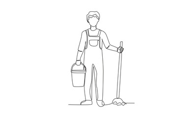 A man holding a bucket and mop. Cleaning service one-line drawing