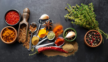 Colorful collection spices and herbs on background black table. Mediterranean condiments for decorating packing with food.