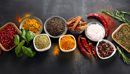 Colorful collection spices and herbs on background black table. Mediterranean condiments for decorating packing with food.