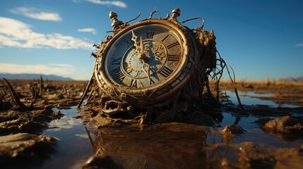 Clock melting over a barren desert landscape.Generative AI