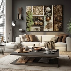 Inviting Comfort: Modern Living Room with Wooden Tables, Beige Sofa, and Stylish Lamp, Natural Material Wall Visualization in Soft Gray and Beige Tones