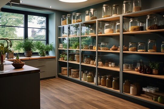 kitchen with an organized and stylish pantry with glass jerry cans and metal containers. ai generative