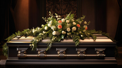 Funeral ceremony. coffin and flowers. generative AI