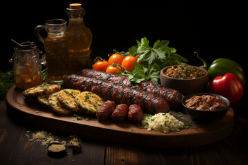 Fototapeta na wymiar Rustic beer pairing, Fried sausages, sauces, and herbs on a wooden board Generative AI