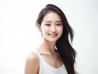 a closeup photo portrait of a beautiful young asian model woman smiling with clean teeth. used for a dental ad. isolated on white background. Generative AI