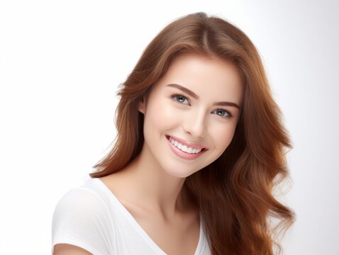 a closeup photo portrait of a beautiful young brunette model woman smiling with perfect clean teeth. used for a dental ad. isolated on white background. Generative AI