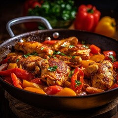 Poulet Basquaise with vibrant colors of bell peppers and tomatoes