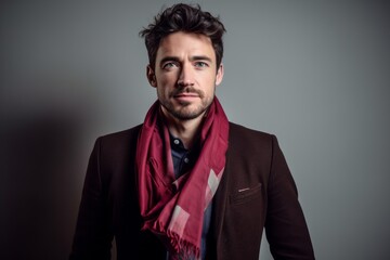 Fototapeta premium Portrait of a handsome young man wearing a jacket and scarf.