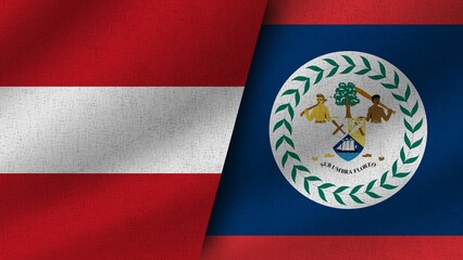 Belize and Austria Realistic Two Flags Together, 3D Illustration