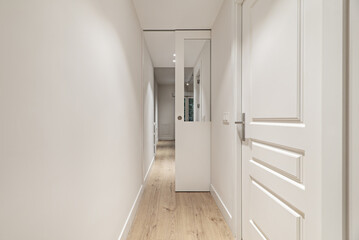 Corridor of a house with plain white painted walls, white lacquered doors with glass windows