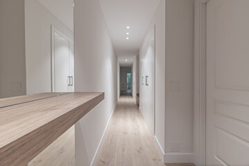 Light wooden sideboard and mirror in an apartment