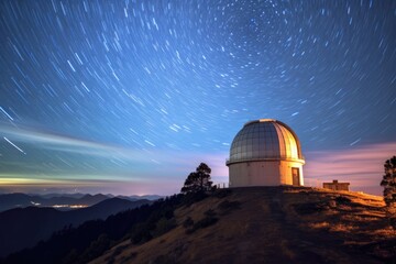 Fototapeta na wymiar High in the mountains, an observatory dome stands against a starry night sky. Generative AI