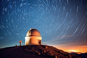 Fototapeta na wymiar High in the mountains, an observatory dome stands against a starry night sky. Generative AI