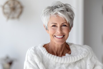Fototapeta na wymiar portrait of smiling senior woman with grey hair and white sweater at home