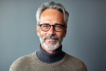 Obraz premium Portrait of a senior man with grey hair and glasses against grey background