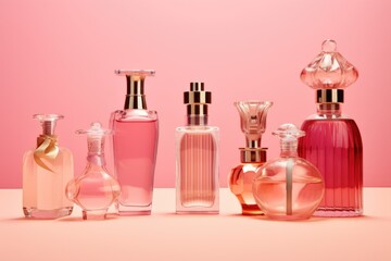 perfume bottles. a lot of transparent multi-colored glass bottles of cosmetics on a pink background. ai generative