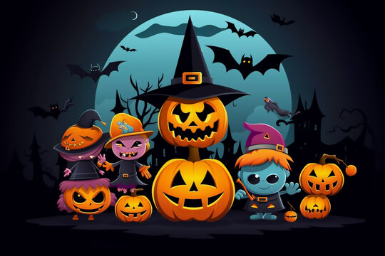 Halloween cartoon illustration of a group of scary pumpkins and bats outside a haunted house