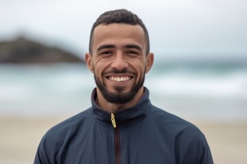 Front view of a handsome young African American man smiling at the beach