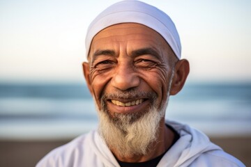 Portrait of happy senior muslim man smiling at camera on beach