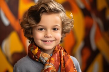 Fototapeta premium Portrait of a cute little boy with a colorful scarf on a colorful background