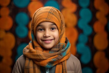 Portrait of a cute little muslim girl wearing scarf against colorful background