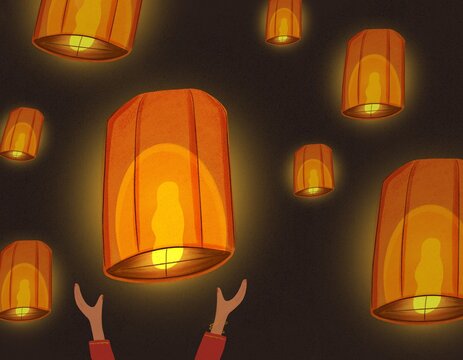 Woman floating lamp in Lantern festival illustration
