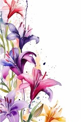 Watercolor painted floral card, frame with delicate pink, blue, yellow lilies, leaves on white, purple background. Lilly flower borders design for invites, greeting, wedding cards. 