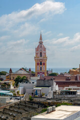 Dome of Cartagena de indias parish against the Caribbean Sea and the blue sky