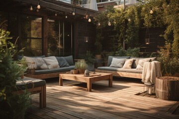 Outdoor living space with comfortable seating, outdoor furniture, and a wooden deck. Generative AI
