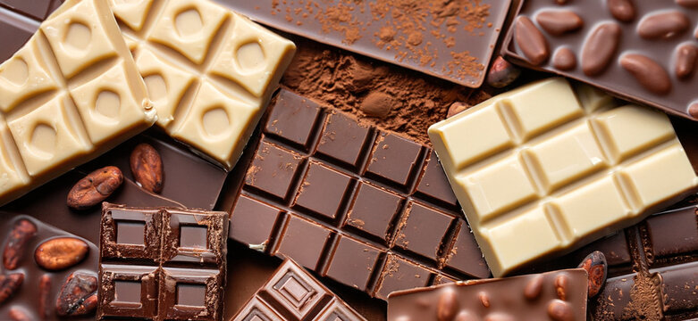 varied chocolate background. milk and dark cocoa bar, top view.