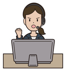 パソコン入力をしながら電話応対をするスーツの若い女性　コールセンター　リモートワーク　怒る グー
