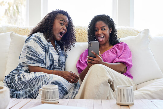 Two Black women friends doing zoom with family together with sur
